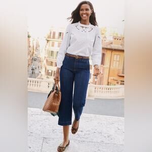 TALBOTS LaserCut Embroidery Ruffle Neck Poplin Blouse Cottagecore coastal GMA 3X